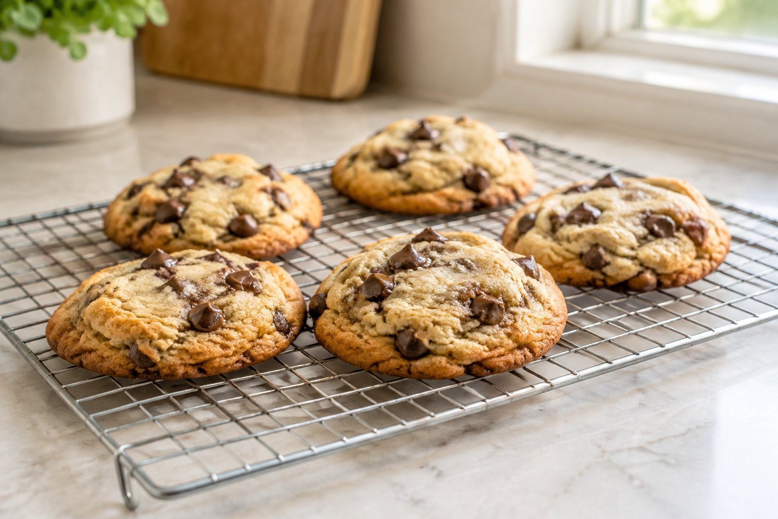 Homemade chocolate chip cookies cooling on a wire rack.