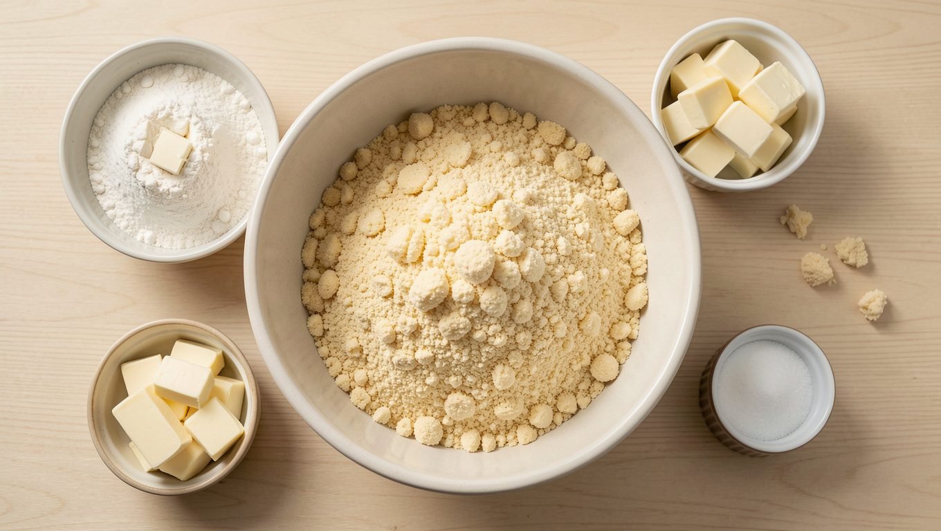 Flour, cold butter, sugar, and homemade crumble topping in a mixing bowl.