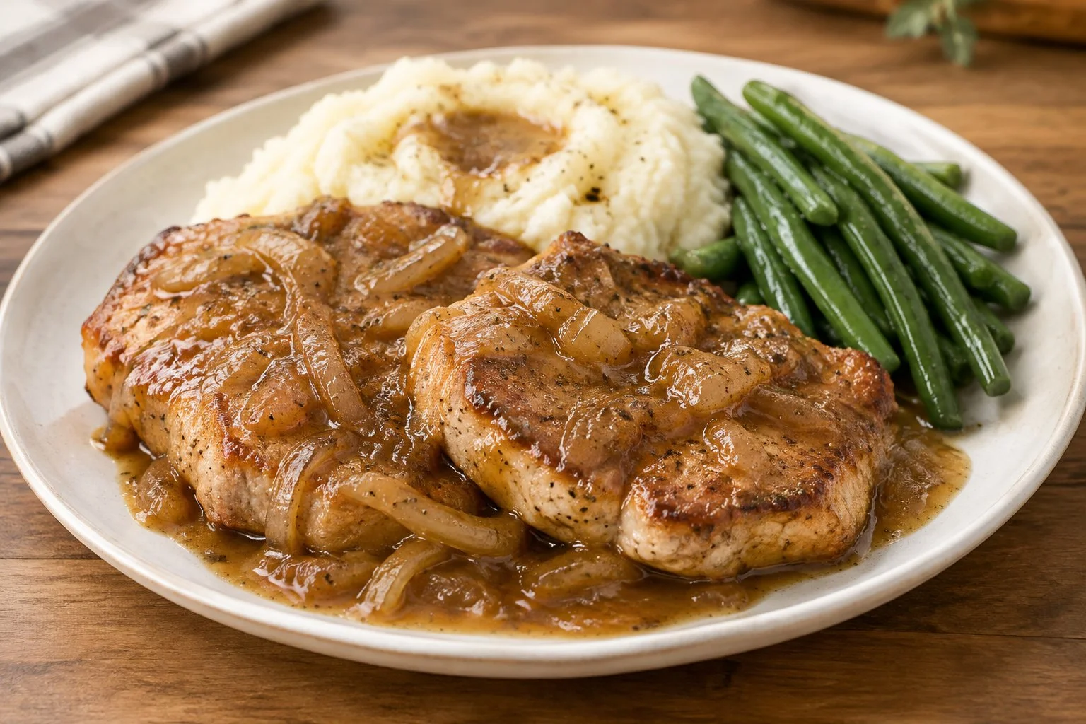 Crock Pot smothered pork chops topped with savory onion gravy