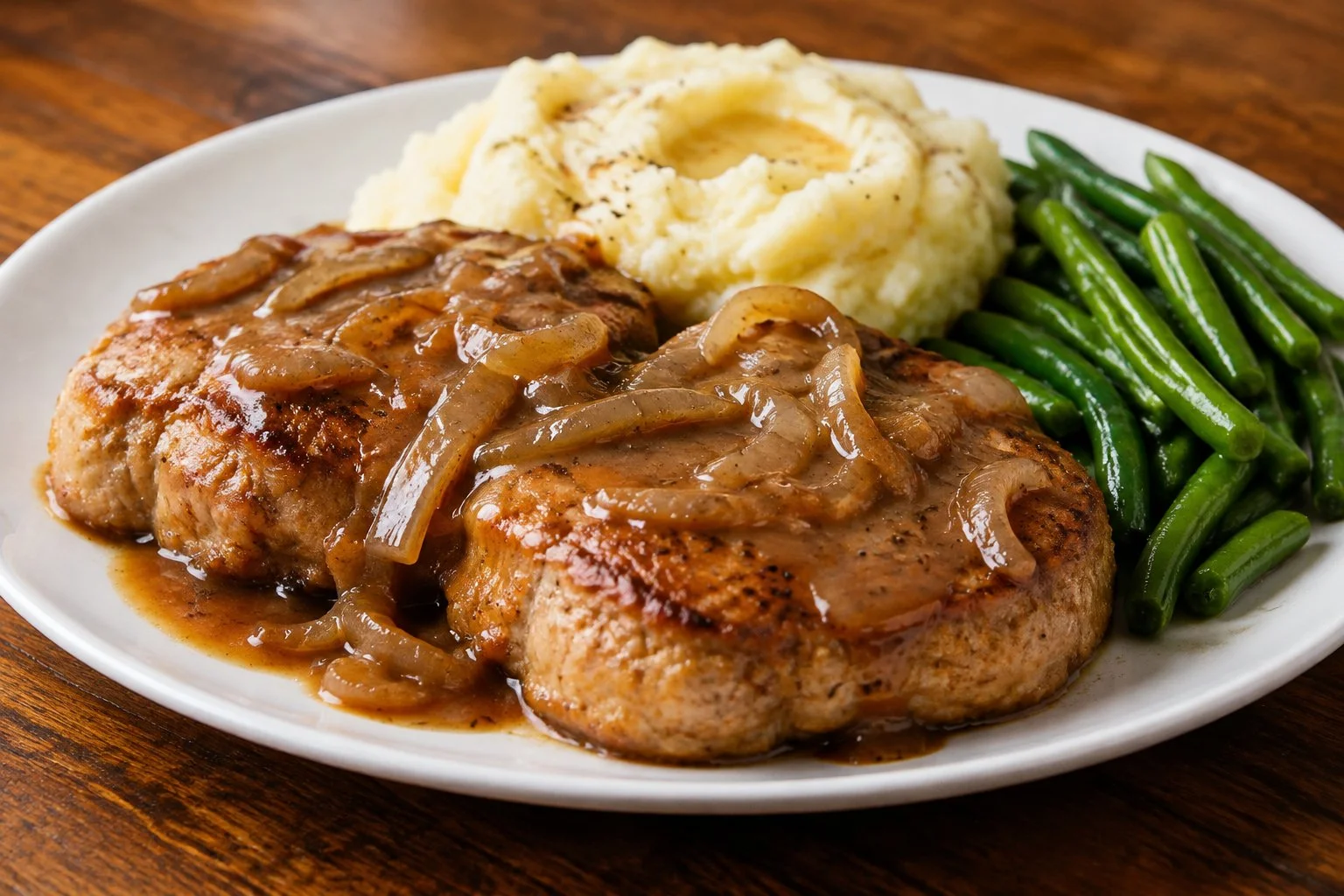 Smothered pork chops with onion gravy, mashed potatoes, and green beans.