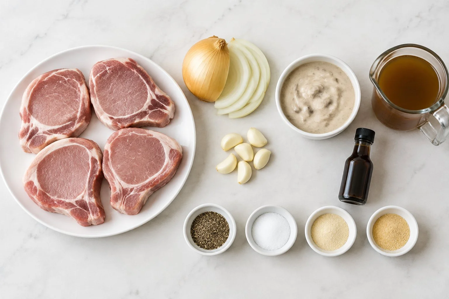 Pork chops, sliced onions, garlic, broth, and cream of mushroom soup for a slow cooker recipe.