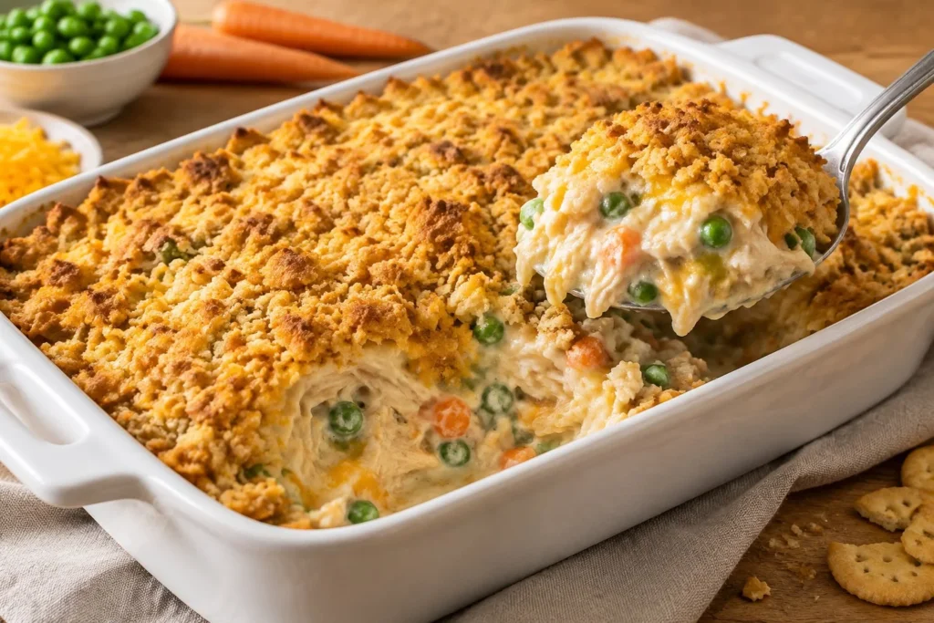 Old fashioned chicken casserole with creamy chicken filling and golden buttery cracker topping.